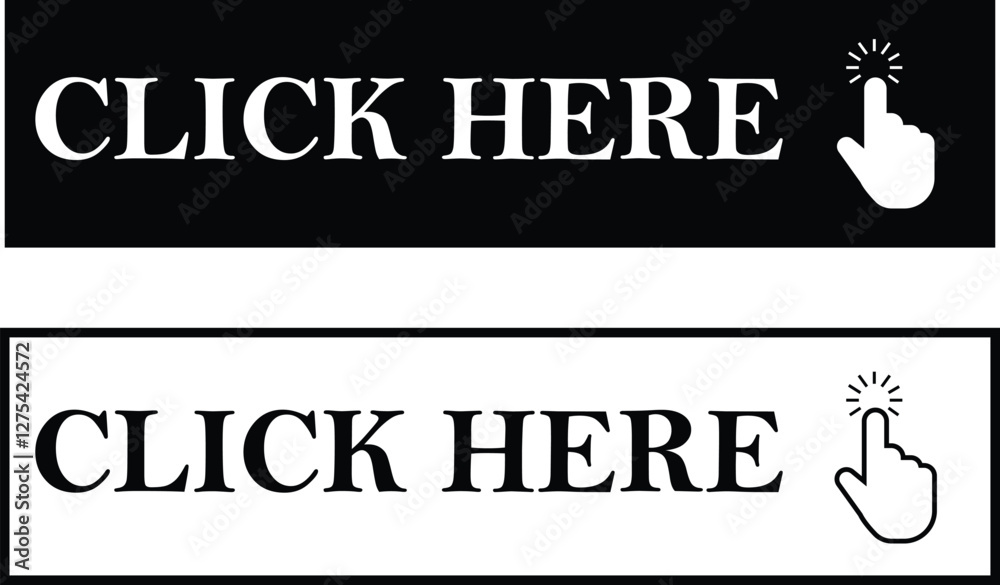 Poster click here button with hand cursor flat and line icons set. web button with action vectors. ui butto