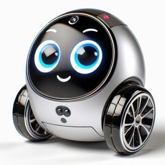  small, white robot with bright blue eyes sits.
