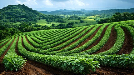 Stunning Green Terraced Farmland in Rolling Hills Landscape