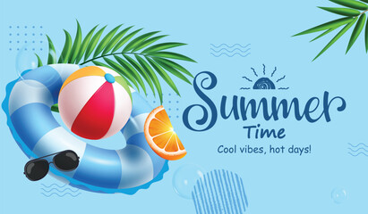 Summer time clipart banner design. Summer time greeting text in blue background clip art with inflatable ring, beach ball and bubbles tropical elements template vector illustration.
