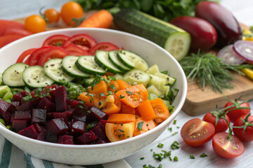 Fresh Vegetable Delight: A vibrant and colorful salad bursting with fresh vegetables, artfully arranged in a bowl and surrounded by ingredients, showcasing the beauty of healthy eating.