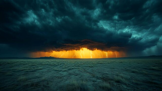 Dark thunderstorm over wide empty grassland with glowing light burst on horizon seamless looping 4k time-lapse animation video background. 