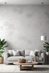 Minimalist Living Room Interior with White Sofa and Textured Wall
