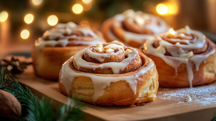 Warm and fluffy cinnamon rolls with a sweet white glaze, served on a rustic wooden tray with festive lighting

