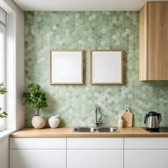 Modern Kitchen Interior with Green Hexagon Tile Backsplash and Mockup Frames