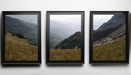 Three Vertical Black Photo Frames in 3D Illustration, Showcasing Striking A Frames Filled with Modern Art, Add Elegance and Minimalist Touch to Any Space, Ideal for Digital Art, Home Decor, or