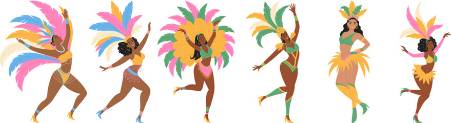 Brazilian carnival dancers. Set of women characters in festival costumes. Modern vector illustration