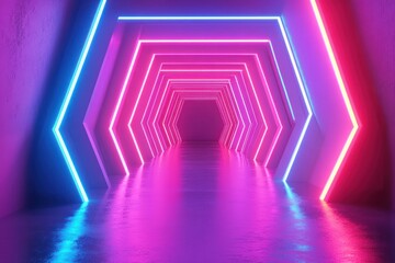 Fototapeta premium Neon-lit geometric tunnel with reflective floor