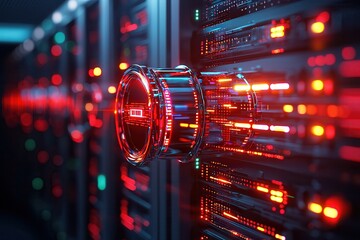 Secured data center protected against hackers. Data server with glowing lights and intricate design elements.