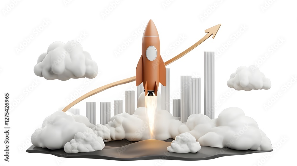 Aufkleber Futuristic red rocket soaring through the air leaving behind a curved trajectory of success represented by a rising graph  Soft white clouds wrap around the base