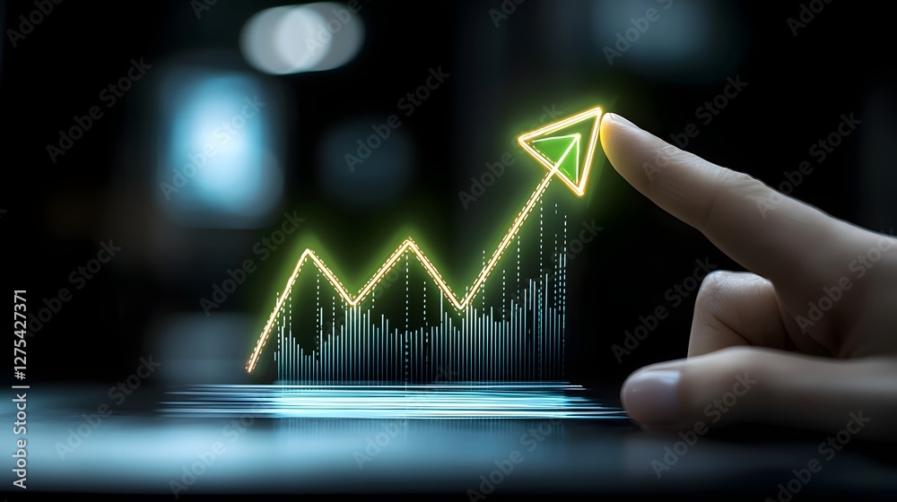 Poster glowing green arrow curving upwards with a dynamic effect representing business success and rising m
