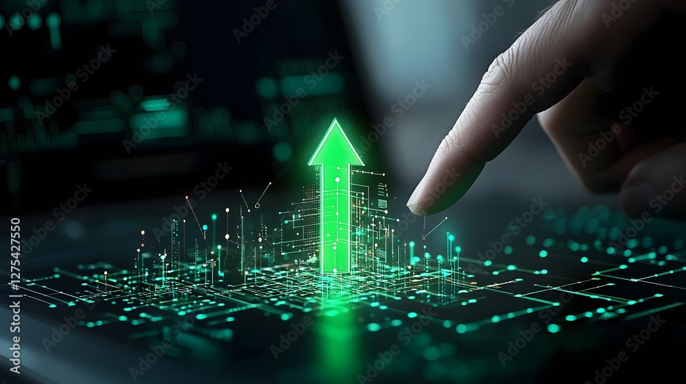 Aufkleber finger touching bright green upward arrow curving on abstract futuristic digital grid background wit
