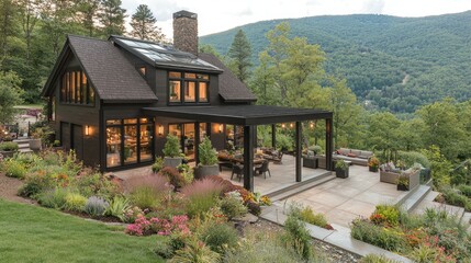 Fototapeta premium Modern Black Mountainside Home with Stunning Mountain View and Expansive Patio