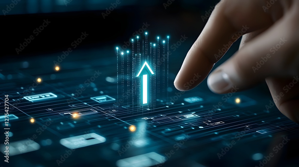 Aufkleber close up of a human finger interacting with a rising green arrow symbolizing leadership and business