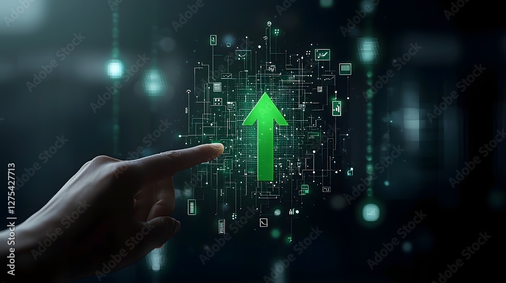 Poster Digital grid background with a bright green arrow curving upwards representing strategic business progress and innovation  A finger is touching the surface of the arrow symbolizing guidance growth