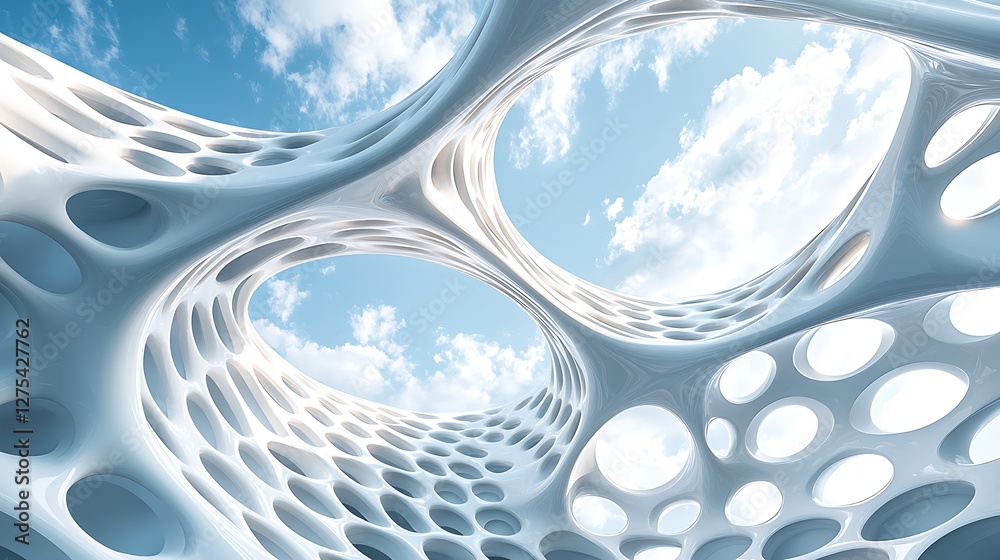 Poster Abstract modern architectural structure with holes against a bright blue sky. Possible use design, concepts