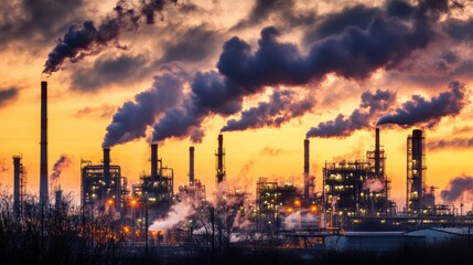 Fototapeta premium Industrial Factory Silhouetted Against Dramatic Sunset Sky