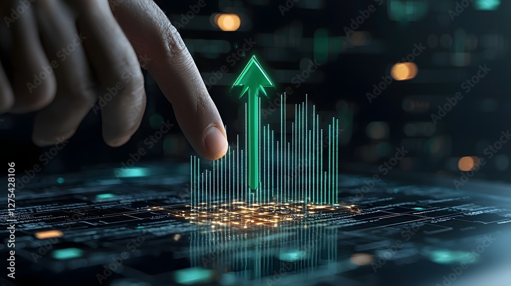 Poster powerful green arrow dramatically ascending through a glowing digital matrix symbolizing strategic b
