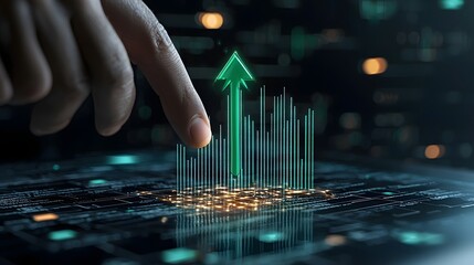 Powerful green arrow dramatically ascending through a glowing digital matrix symbolizing strategic business growth financial progress and technological innovation