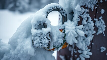 Frozen Lock, Snowy Security, Winter Tranquility, Close-up, Landscape, Bright Colors, Sharp Focus