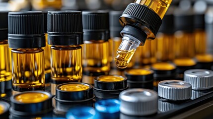 Close-up of essential oil dropper over amber glass bottles