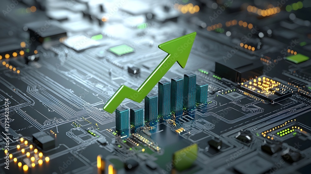 Fototapete futuristic business composition featuring a large green upward arrow touched by a pointing finger co