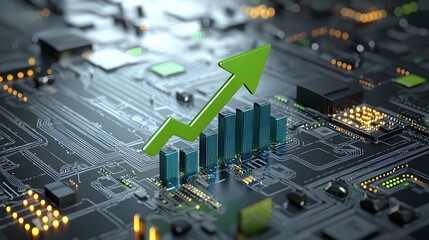 Futuristic business composition featuring a large green upward arrow touched by a pointing finger combined with a bar graph of increasing blue columns to represent financial success in a sleek