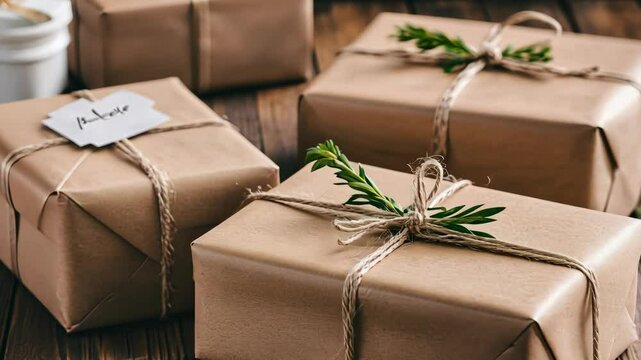 Wrapped gift boxes with twine and greenery on wooden table create a cozy holiday atmosphere