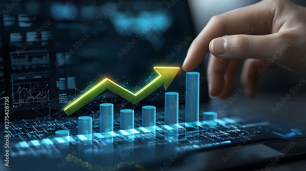 Poster futuristic digital financial visualization combining a glowing green upward arrow with a rising dark