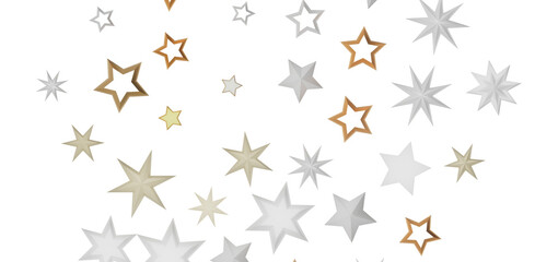 Abstract pattern of stars in gold, silver and white.  Suitable for graphic design,  backgrounds,  holiday decorations,  and modern art.
