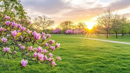 Pink magnolia blossoms sunset park spring path