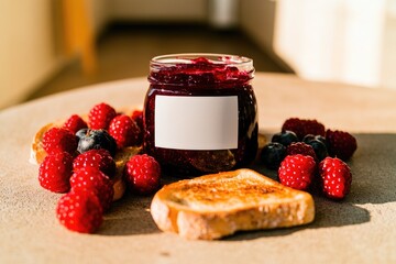 Freshly toasted bread paired with vibrant berry jam and ripe ras