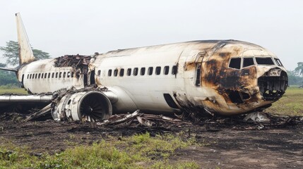 Air crash disaster with burning plane falling to the ground. Fiery explosion and wreckage aftermath in aviation accident, depicting emergency response and crash scene intensity.
