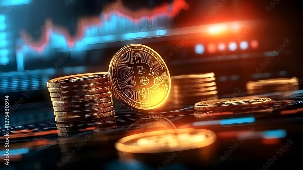 Poster Captivating visualization showcasing the dynamic world of Bitcoin and cryptocurrency investment featuring golden Bitcoin stacks a vibrant crypto trading graph