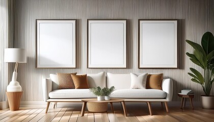 3D Rendered Empty Photo Frame Mockup in a Cozy Living Room Setting, Evoking a Sense of Minimalist Elegance and Spacious Tranquility