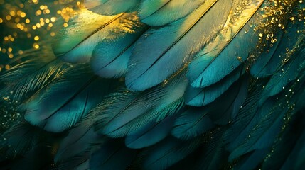 Obraz premium Ethereal green feathers dance on a canvas of midnight, like a vibrant dream. Azure plumes shimmer against a golden backdrop, a symphony of colors. Emerald hues cascade over lush greenery
