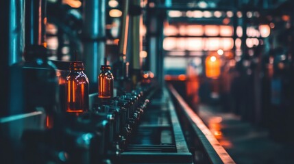 Obraz premium Industrial Production Line with Amber Glass Bottles in Factory