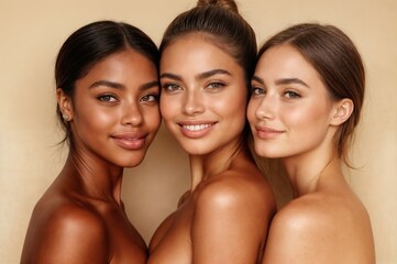 diversity of race and skin tones. three models posing in close-up.