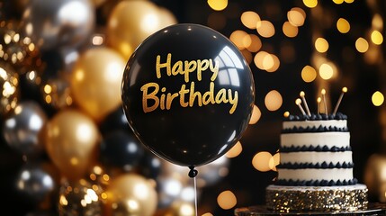 Design an elegant birthday celebration scene featuring a black and gold-themed decor. Showcase a prominent black balloon with "Happy Birthday" written in bold gold letters surrounded by shimmering gol