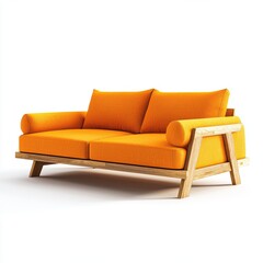 Fototapeta premium Neon orange two-seater couch with minimalist wooden legs isolated on white