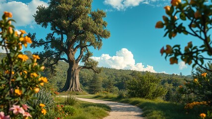 Fototapeta premium Giant Pistachio Tree Dreamy Landscape AI Art, Nature's Wonders, Whimsical Scene, Bright Colors, Sharp Details, Depth, Mood, Lighting, Atmosphere