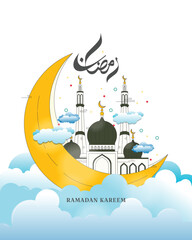 Ramadan Kareem greeting with crescent moon and mosque. The Arabic calligraphy reads 'Ramadan'. 