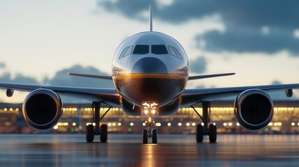 Naklejka premium Airplane on Wet Runway at Dusk