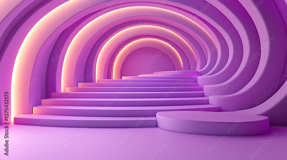 Poster Abstract purple archway stairway with soft lighting.  Possible use Modern architectural presentation