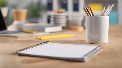 Blank Notebook and Office Supplies on Wooden Desk