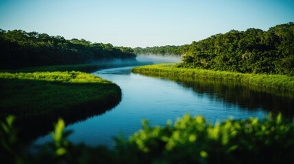 Obraz premium Serene river winding through lush greenery, mist rising softly a