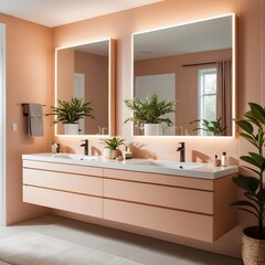 Modern Minimalist Peach Bathroom with Double Vanity and Illuminated Mirrors