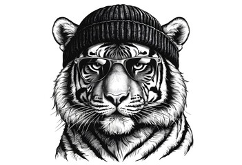 Fototapeta premium Stylish Tiger in Beanie and Sunglasses
