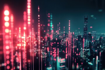 City skyline illuminated by vibrant digital lights