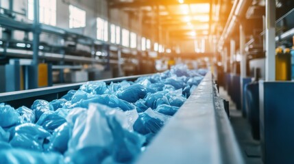 Fototapeta premium Industrial Waste Processing Facility with Plastic Bags on Conveyor